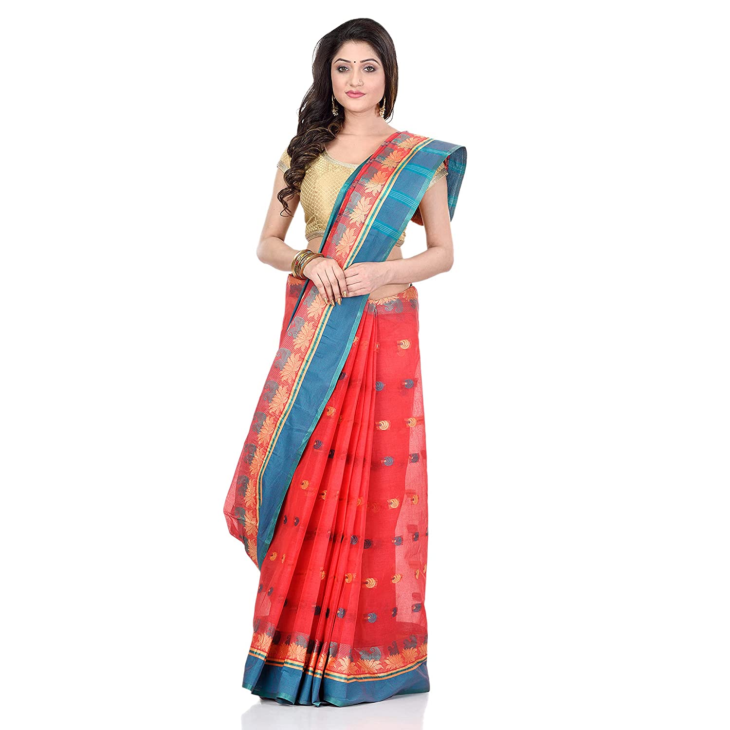 Desh Bidesh Women's Traditional Bengal Tant Woven Lotus Kolka Design Pure Cotton Handloom Saree Without Blouse Piece - Distacart