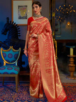 Thumbnail for Mitera Red & Gold-Toned Woven Design Zari Silk Blend Banarasi Saree - Distacart