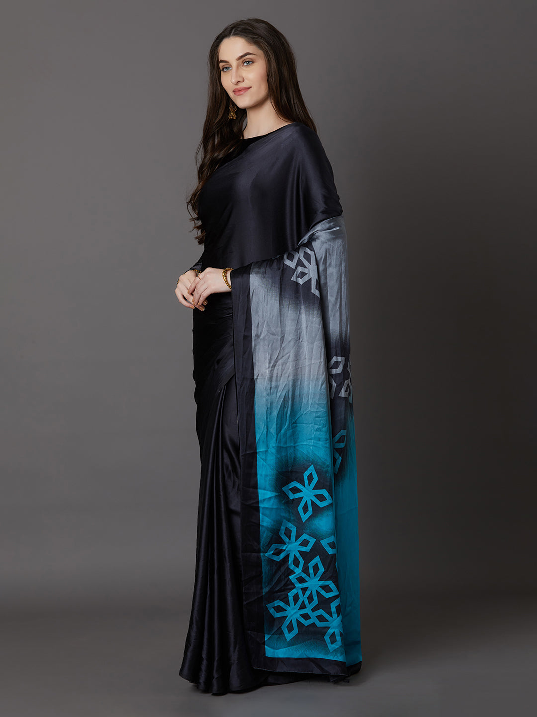 Mitera Black & Blue Poly Crepe Printed Saree - Distacart