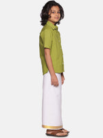 Thumbnail for Sethukrishna Boys Green & White Solid Pure Cotton Shirt with Readymade Dhoti - Distacart