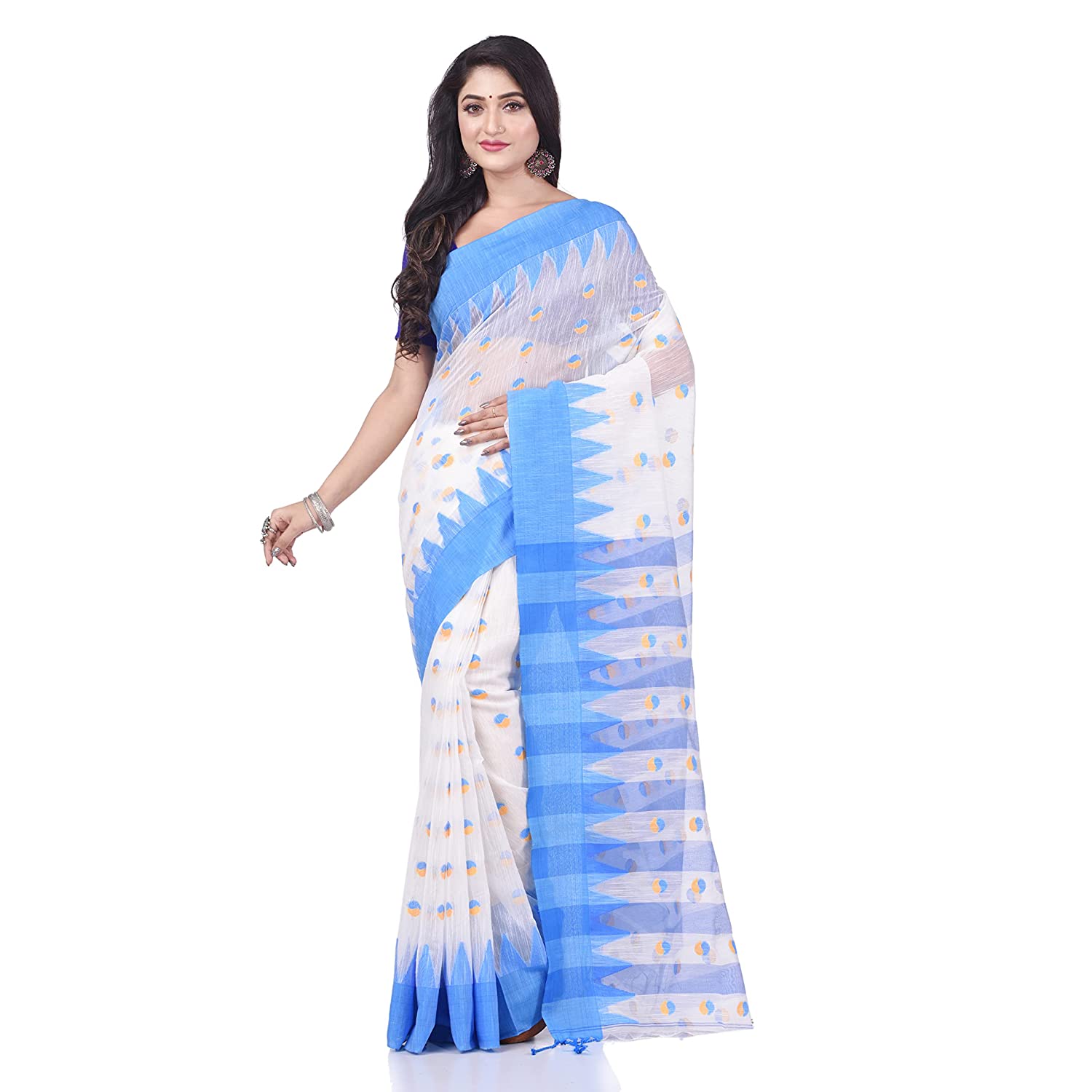 Desh Bidesh Women's Traditional Bengali Handloom Tant Pure Cotton Saree Khadi Bicolor Ball Temple Par Designed With Blouse Piece - Distacart