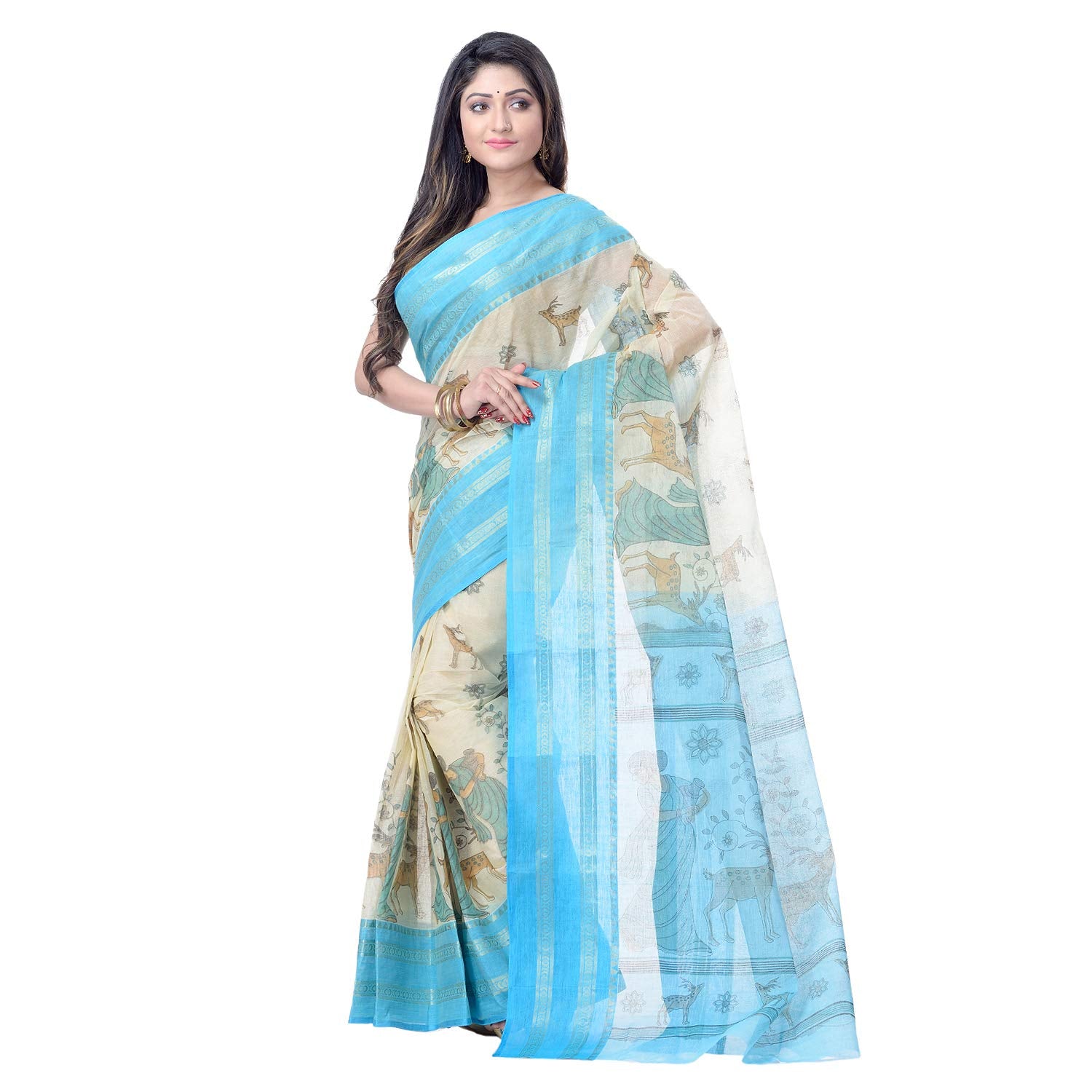 Desh Bidesh Women's Shakuntala Design Printed Tant Handloom Pure Cotton Saree Without Blouse Piece - Distacart