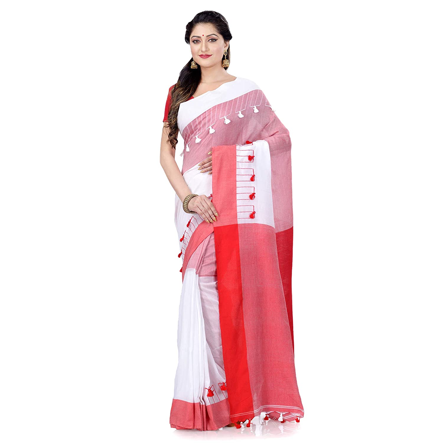 Desh Bidesh Women's Traditional Bengal Handloom Tant Pure Cotton Saree Pompom Designed With Blouse Piece (White Pink Orange) - Distacart