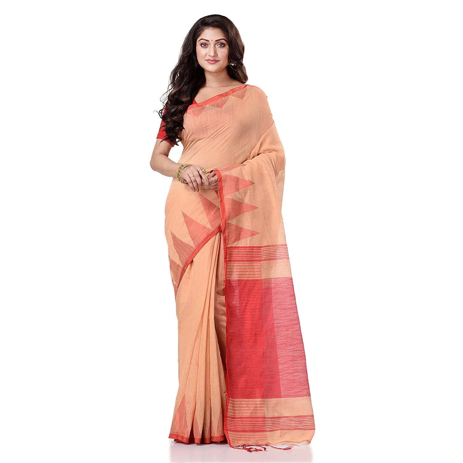 Desh Bidesh Women's Traditional Bengali Handloom Tant Pure Cotton Saree Khadi Temple Par Designed With Blouse Piece - Distacart