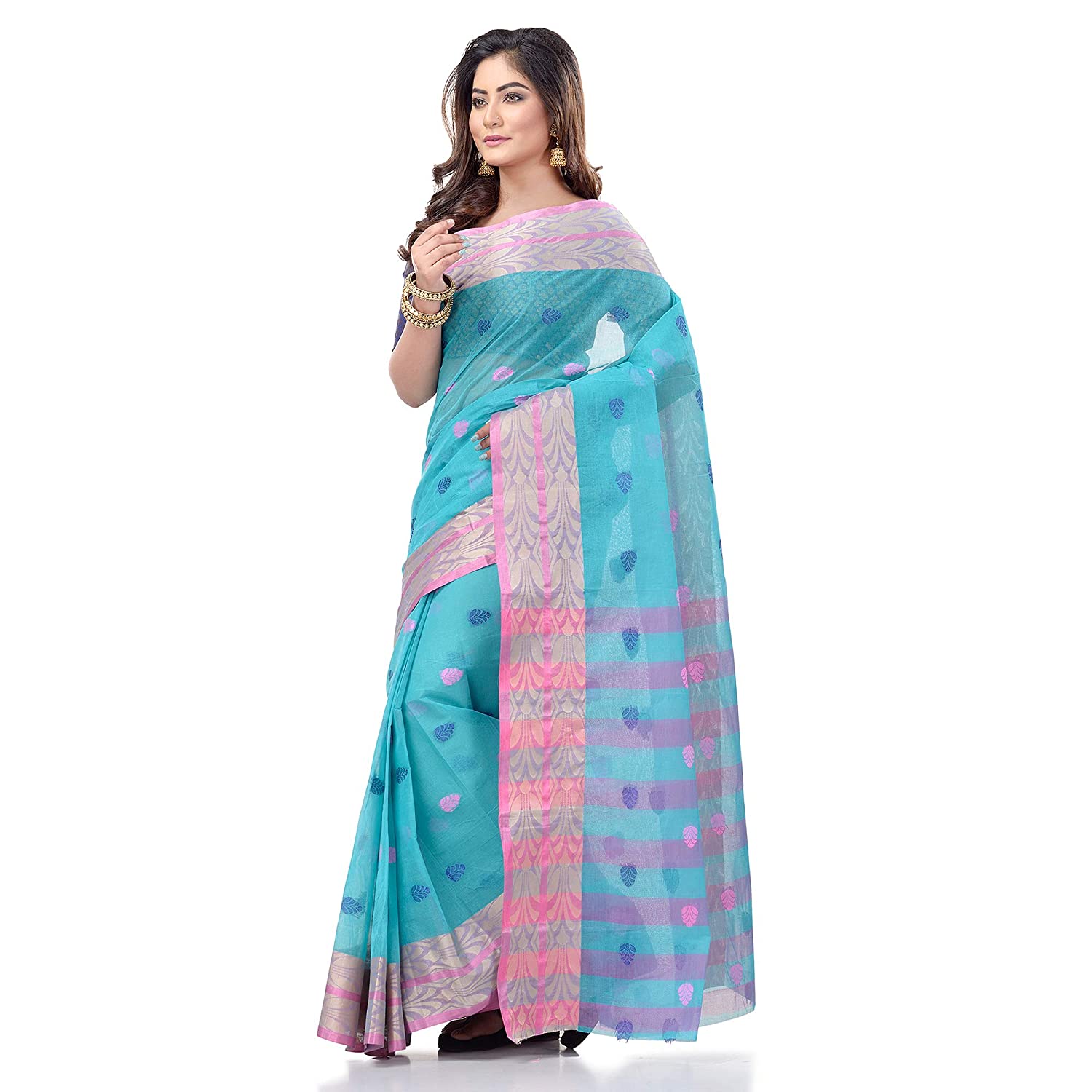 Desh Bidesh Bengal Cotton Women's Bengal Tant Woven Potrobinnas Design Pure Handloom Cotton Saree Without Blouse Piece - Distacart