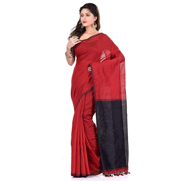 Desh Bidesh Women's Traditional Bengali Tant Handloom Cotton Saree With Blouse Piece (Red Black) - Distacart