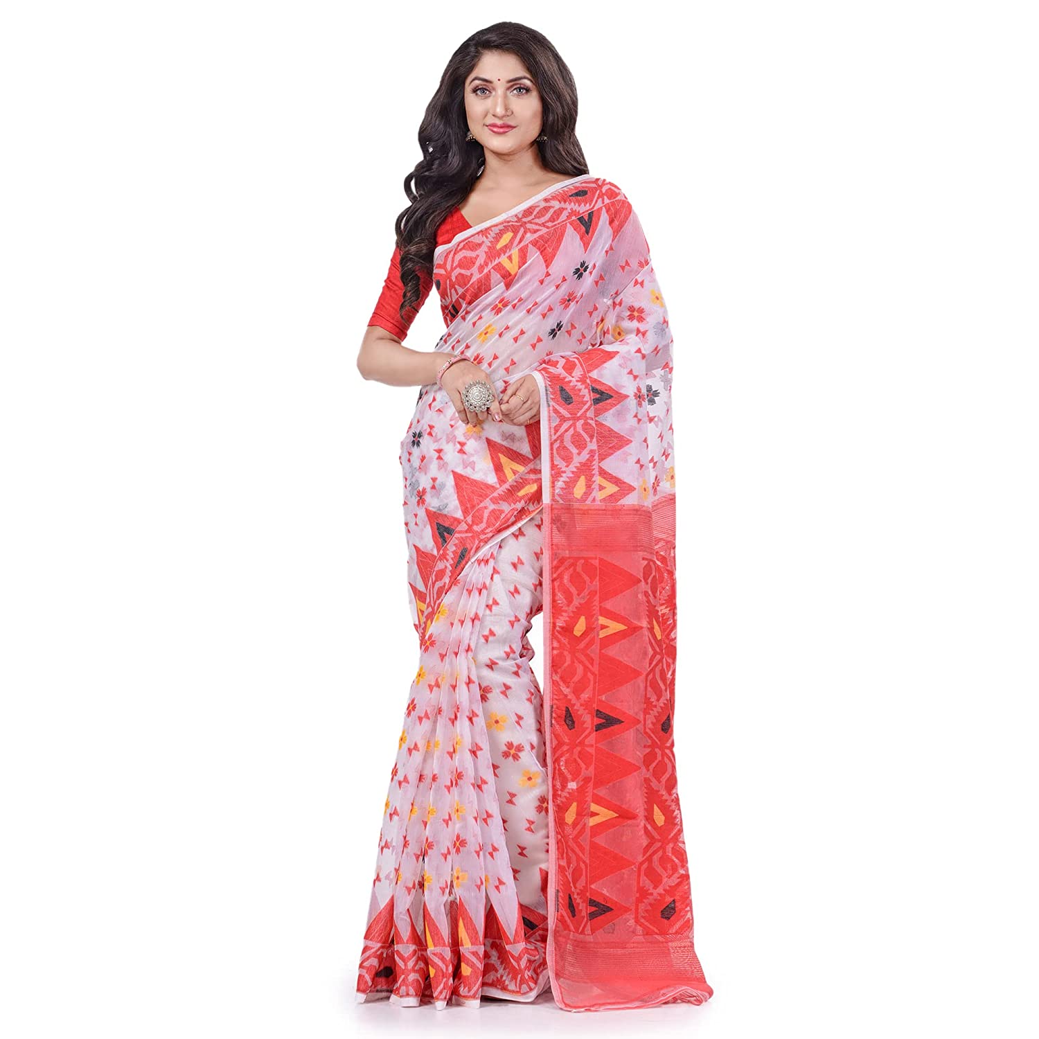 Desh Bidesh Women's Handloom Soft Moti Dhakai Jamdani Bengal Pure Cotton Saree Whole Body Design Without Blouse Piece - Distacart