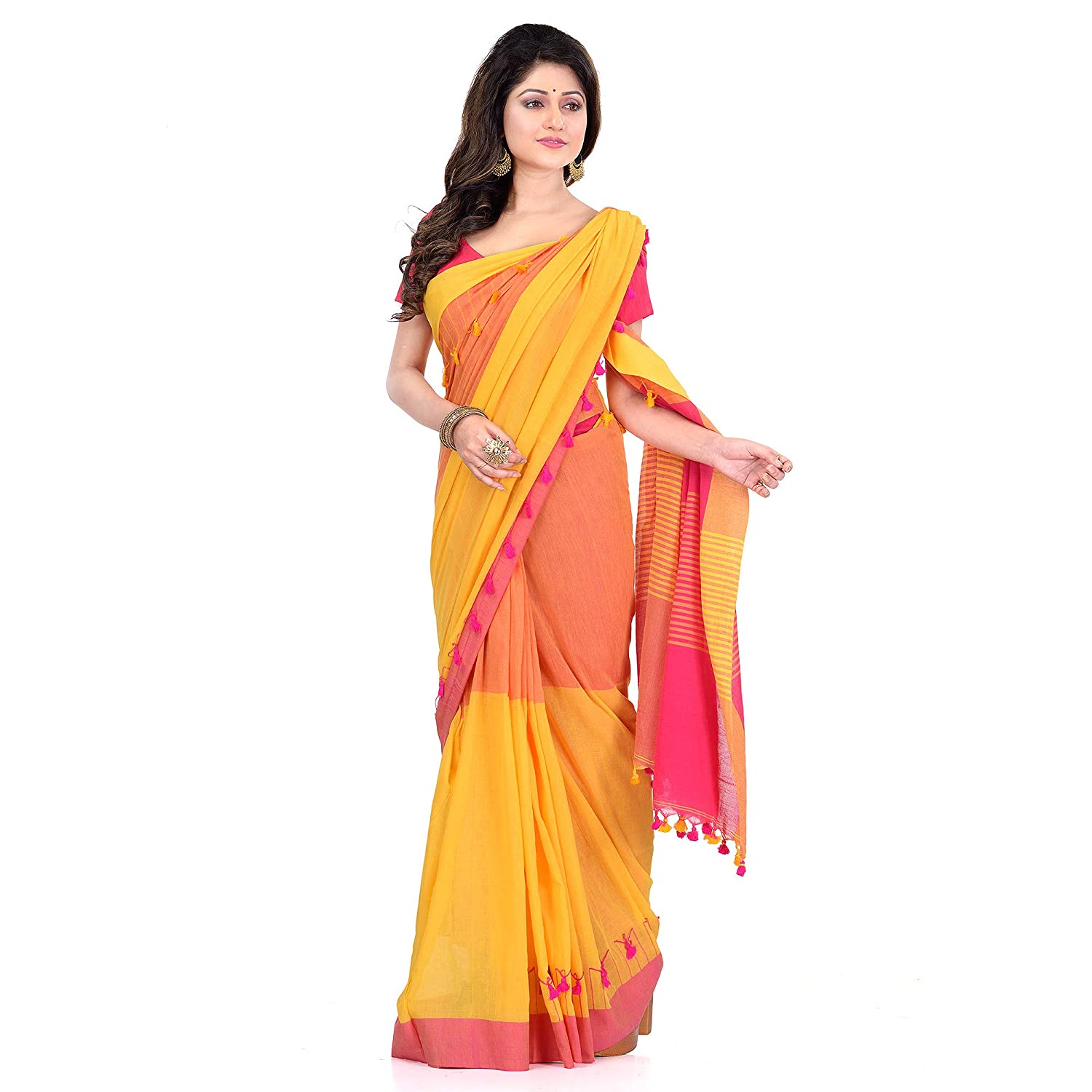 Desh Bidesh Women's Traditional Bengal Handloom Tant Pure Cotton Saree Pompom Designed With Blouse Piece - Distacart