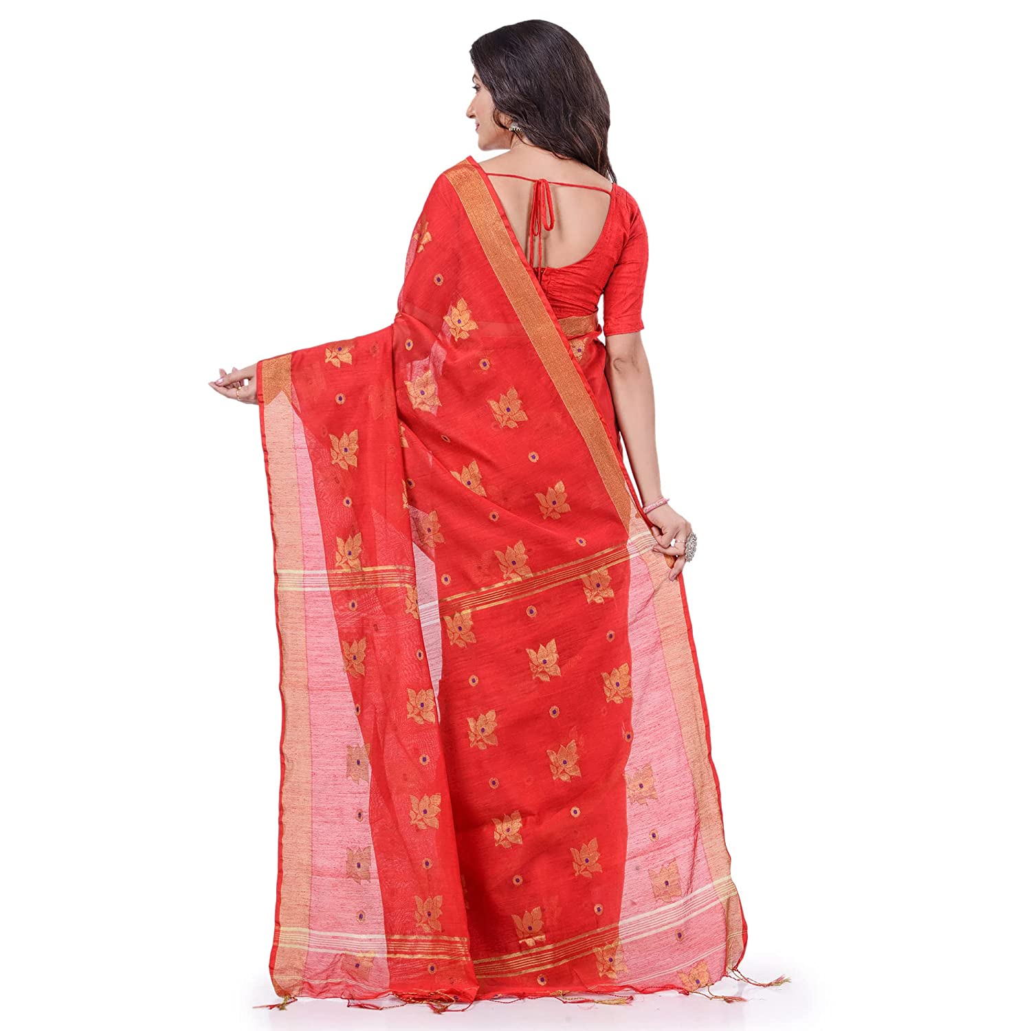 Desh Bidesh Women's Tant Silk Handloom Cotton Saree Rose Work With Blouse Piece - Distacart
