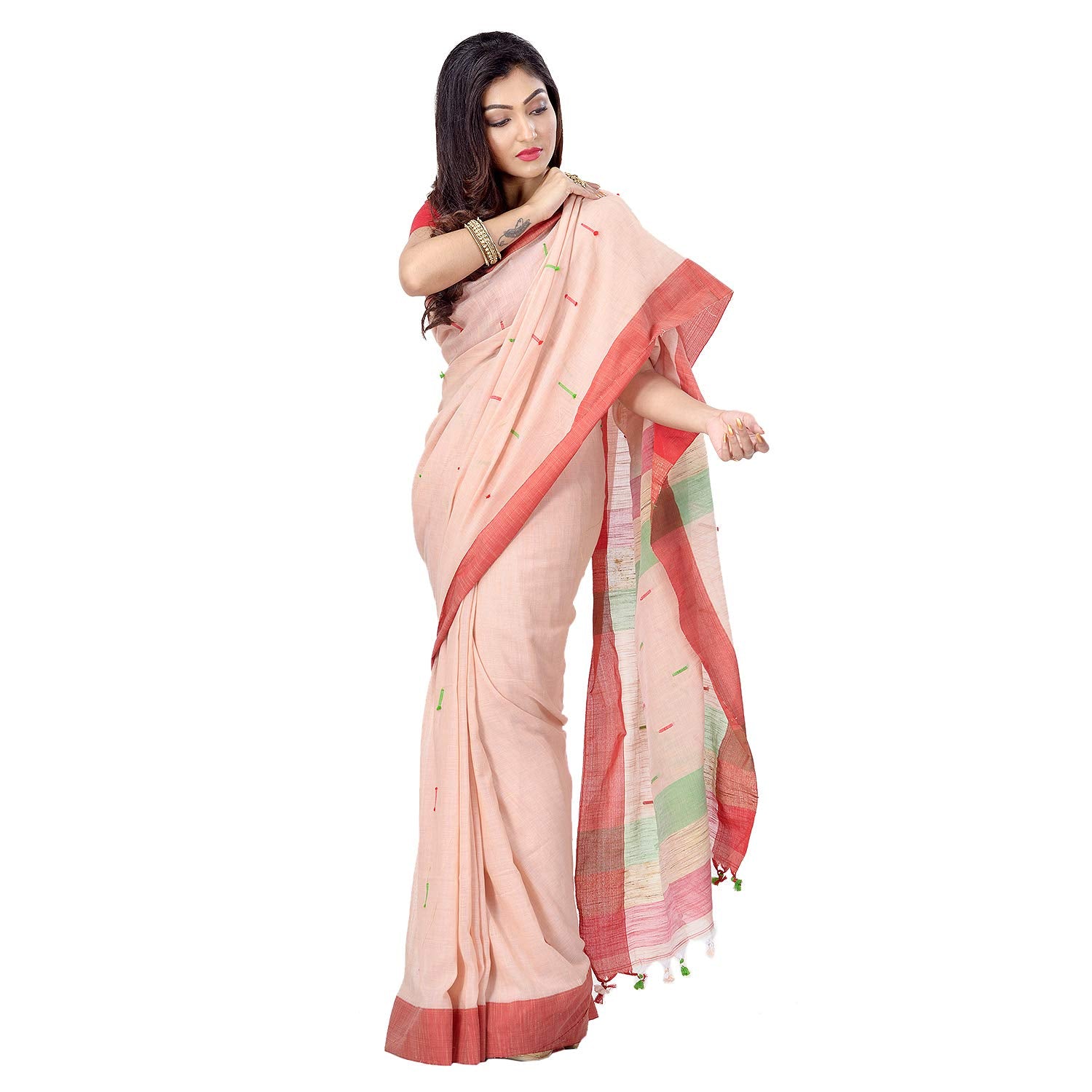 Desh Bidesh Bengal Cotton Women's Tant Cotton Saree With Blouse Piece (Red Off Red) - Distacart