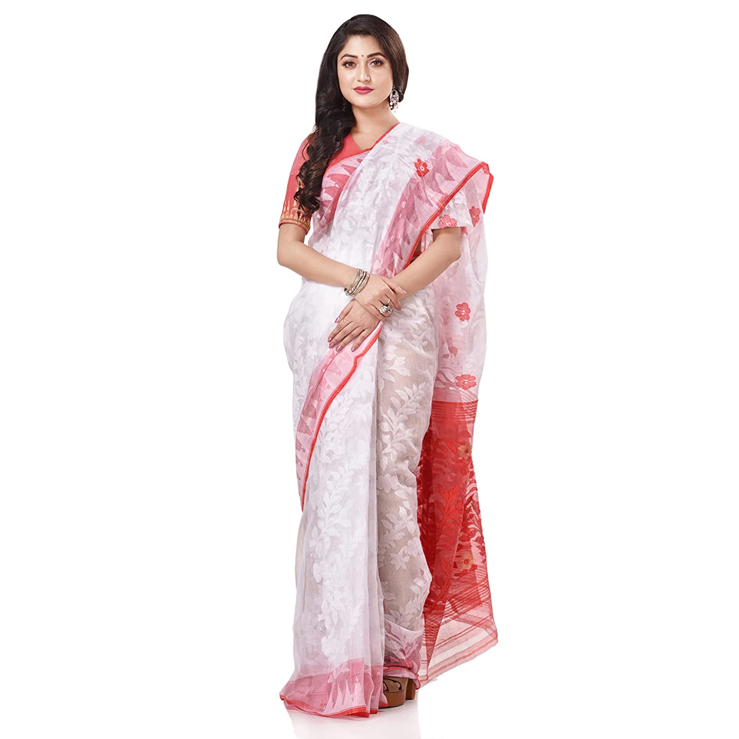 Desh Bidesh Women's Bengal Handloom Soft Dhakai Jamdani Cotton Saree Whole Body Design Without Blouse Piece (White Red) - Distacart