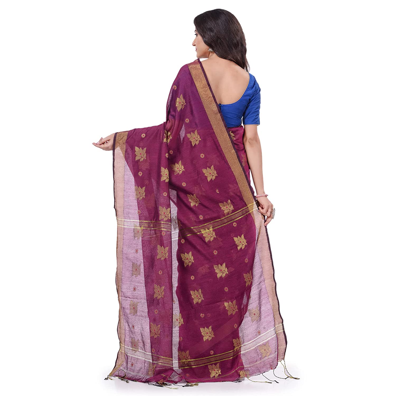 Desh Bidesh Women's Tant Silk Handloom Cotton Saree Rose Work With Blouse Piece - Distacart