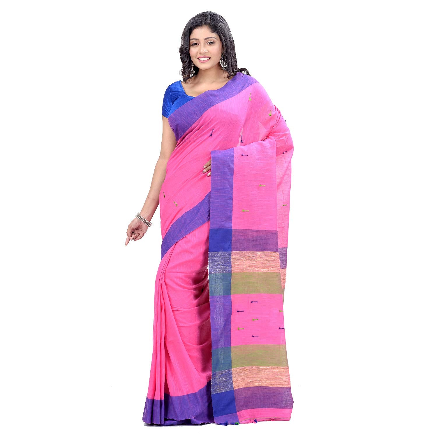 Desh Bidesh Women's Traditional Bengali Tant Handloom Cotton Saree With Blouse Piece (Pink Blue Green) - Distacart