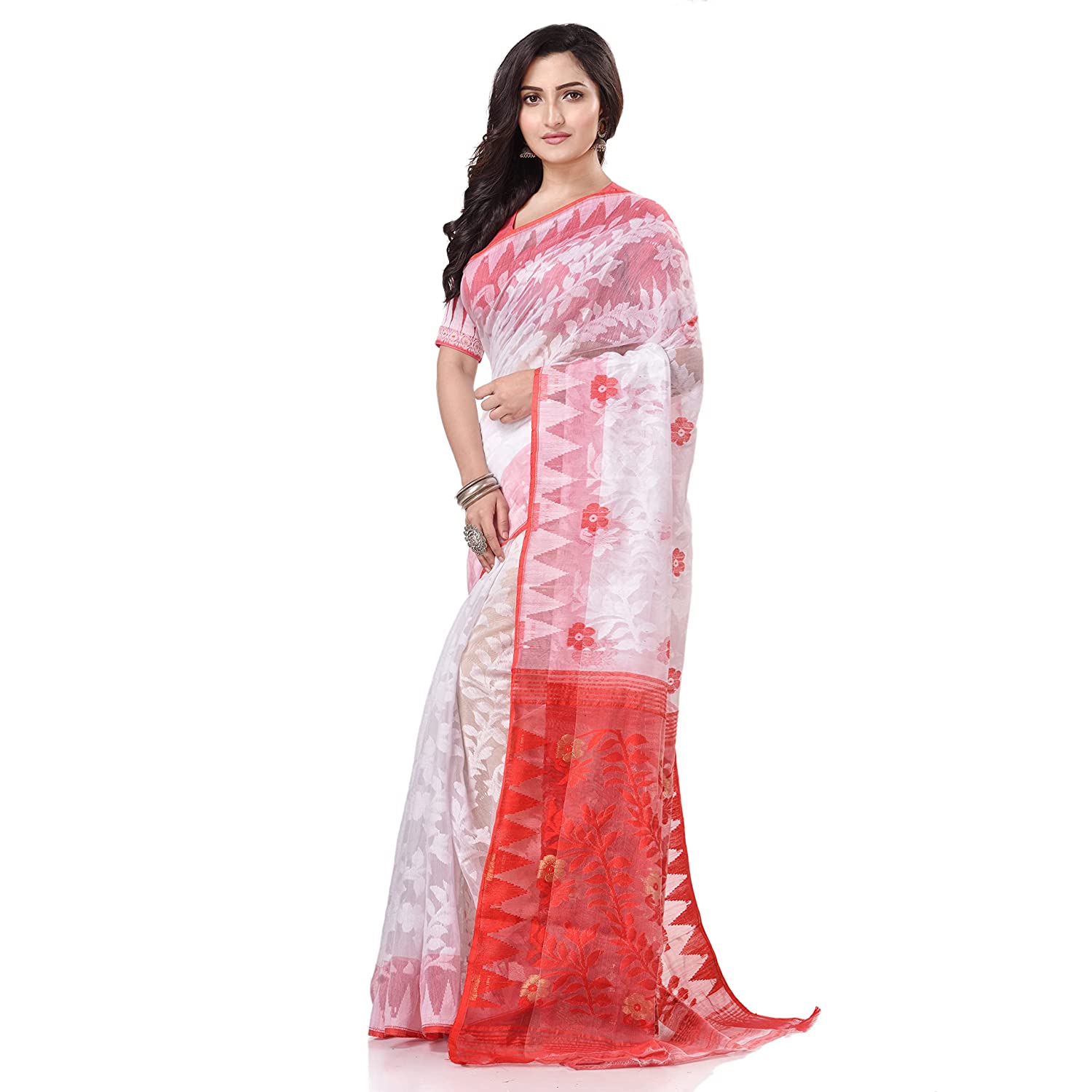 Desh Bidesh Women's Bengal Handloom Soft Dhakai Jamdani Cotton Saree Whole Body Design Without Blouse Piece (White Red) - Distacart