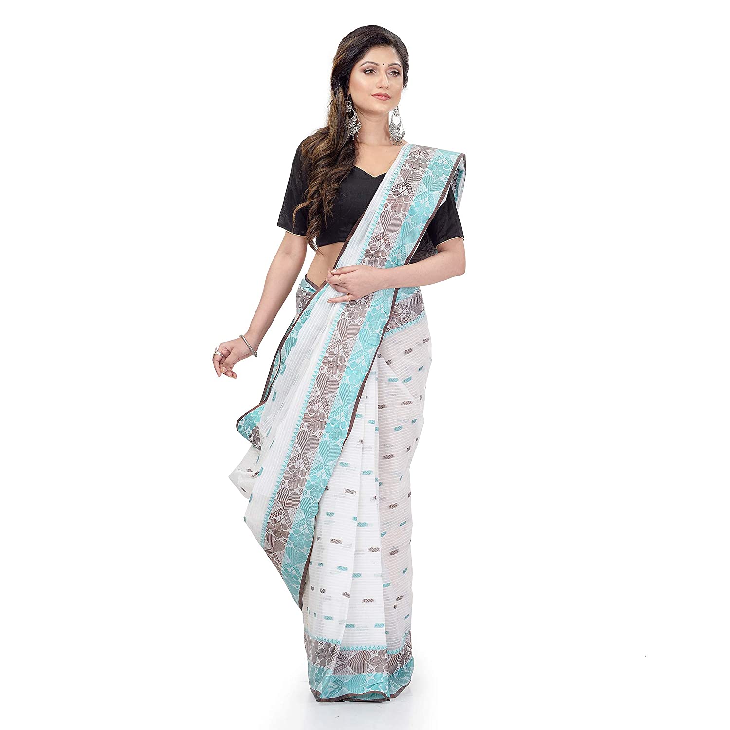 Desh Bidesh Women Pure Cotton Traditional Handloom Bengal Tant Saree Noyonchuri Design Without Blouse Piece (White Light Greenbrown) - Distacart