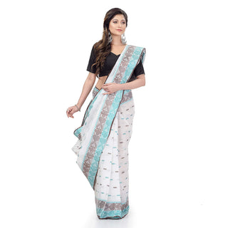 Desh Bidesh Women Pure Cotton Traditional Handloom Bengal Tant Saree Noyonchuri Design Without Blouse Piece (White Light Greenbrown) - Distacart