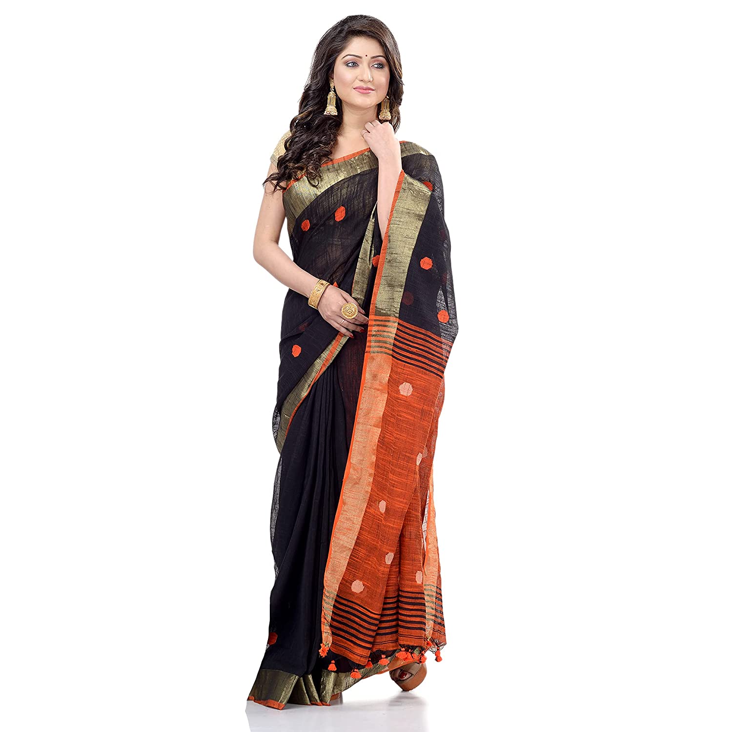 Desh Bidesh Women's Pure Cotton Traditional Bengali Tant Handloom Cotton Saree Round Designed With Blouse Piece - Distacart