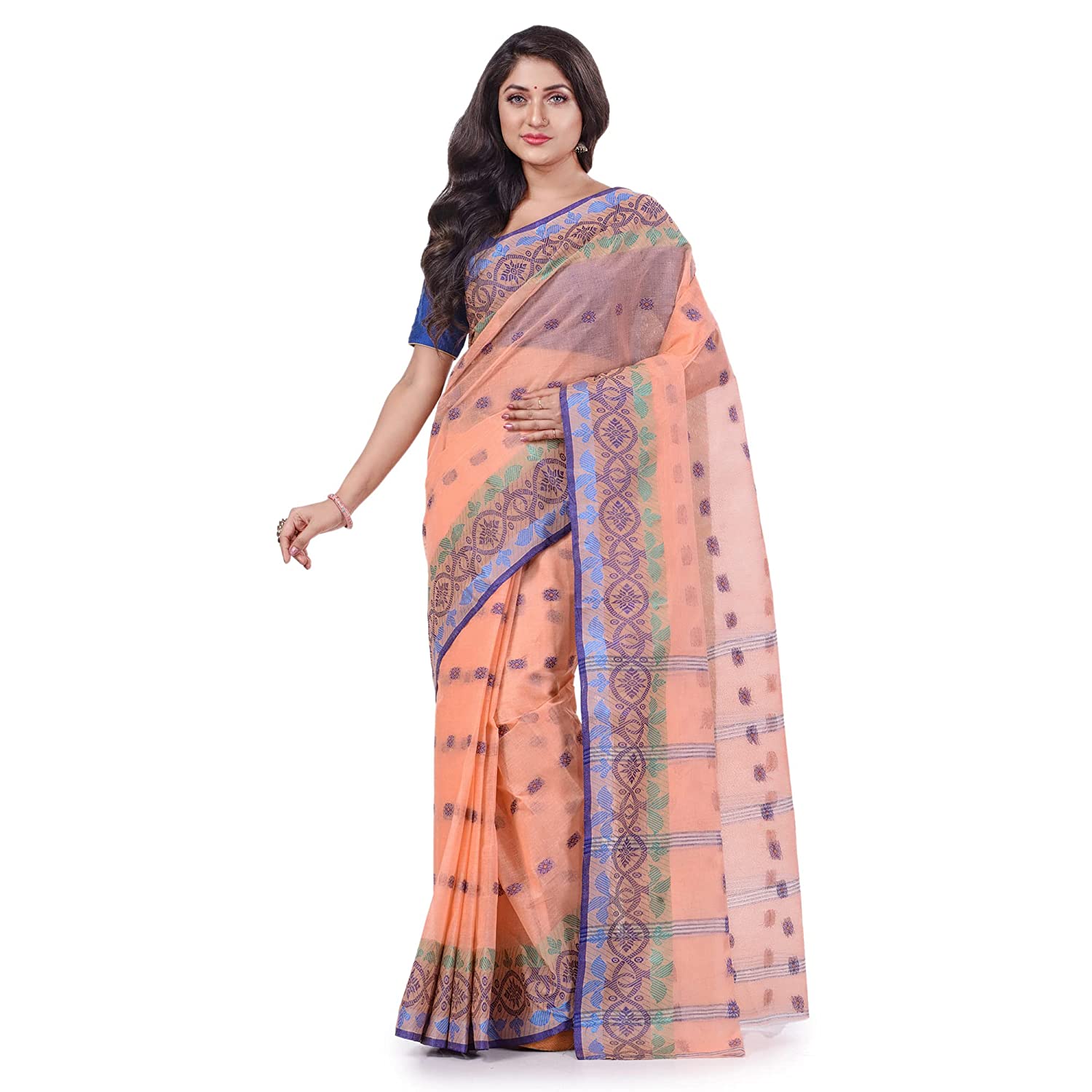 Desh Bidesh Esh Bidesh Women's Traditional Bengal Tant Tri Leaf Woven Design Pure Handloom Cotton Saree Without Blouse Piece - Distacart