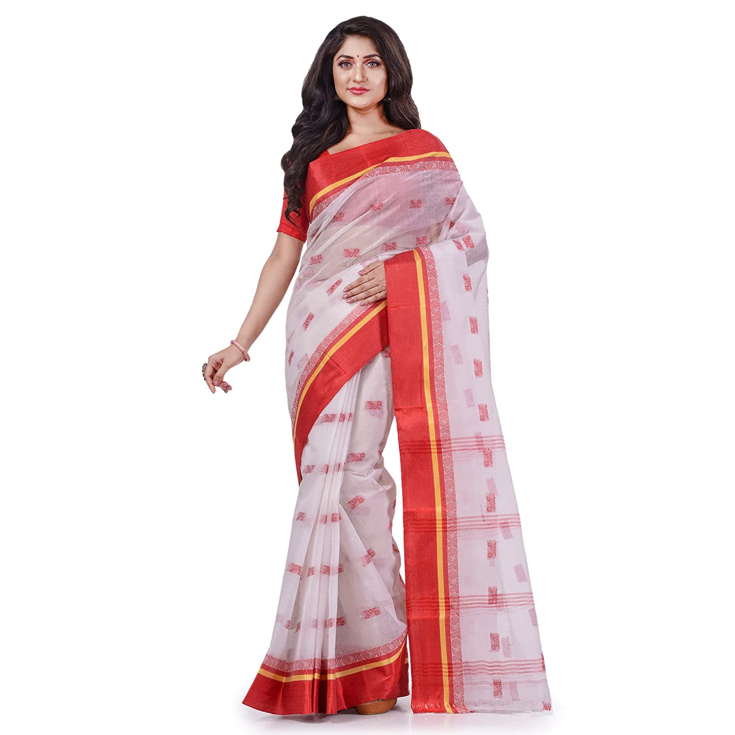 Desh Bidesh Women's Traditional Pure Handloom Cotton Saree Navarupa Velvet Par Design Without Blouse Piece - Distacart