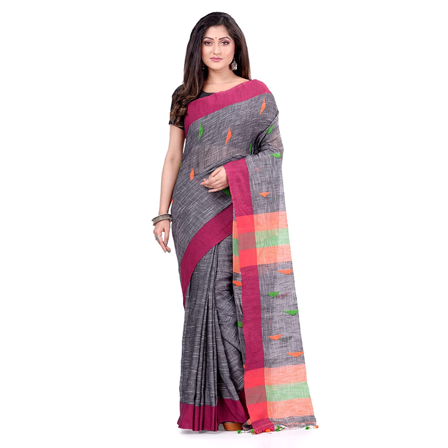 Desh Bidesh Women's Traditional Bengali Tant Handloom Cotton Saree Prism Designed With Blouse Piece - Distacart