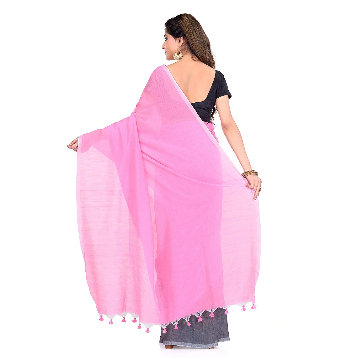 Desh Bidesh Bengal Cotton Tant Women's Bengal Half Half Ghicha Handloom Cotton Silk Saree With Blouse Piece (Pink Black ) - Distacart