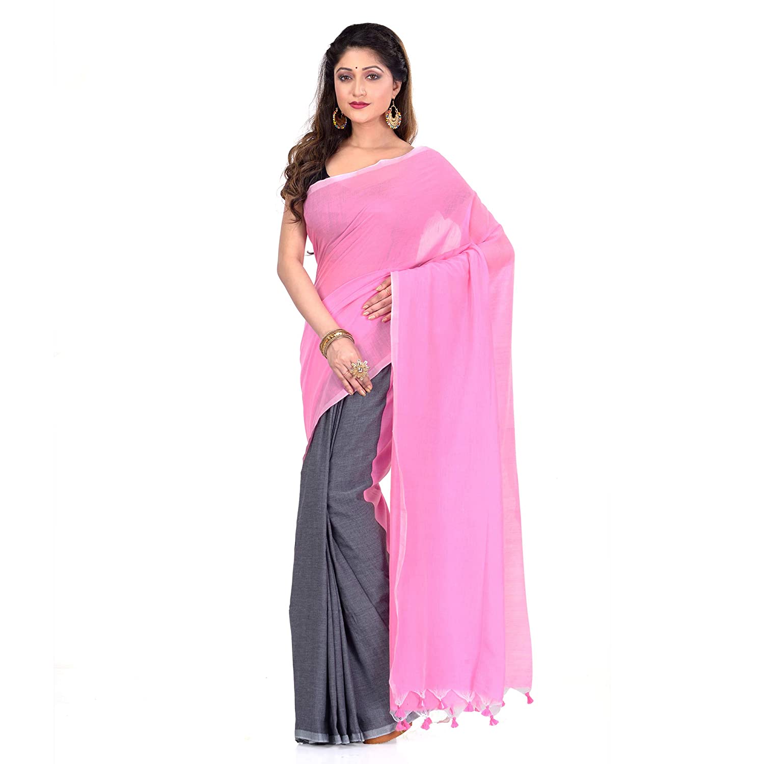 Desh Bidesh Bengal Cotton Tant Women's Bengal Half Half Ghicha Handloom Cotton Silk Saree With Blouse Piece (Pink Black ) - Distacart