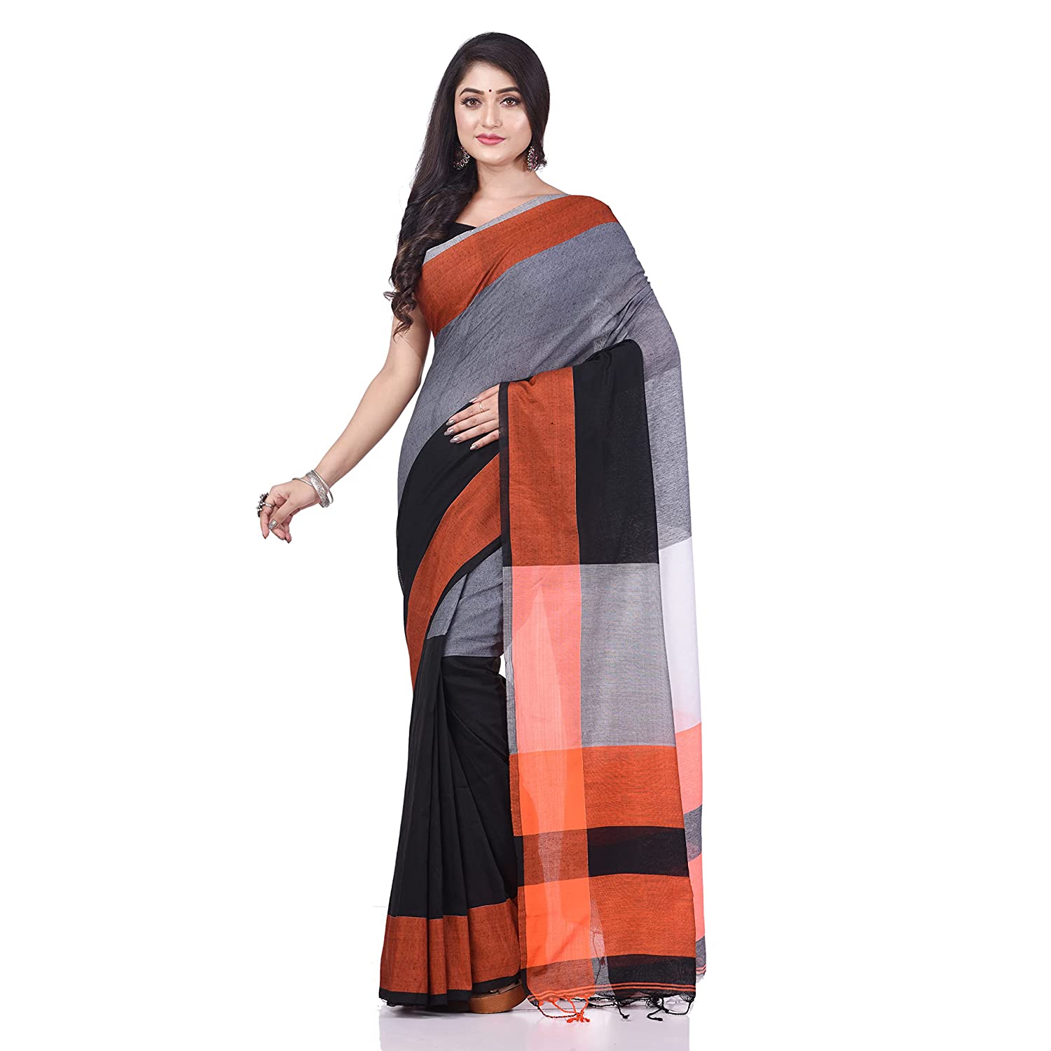Desh Bidesh Women's Bengal Handloom Pure Cotton Saree Fancy Color Block Handloom Design With Blouse Piece - Distacart