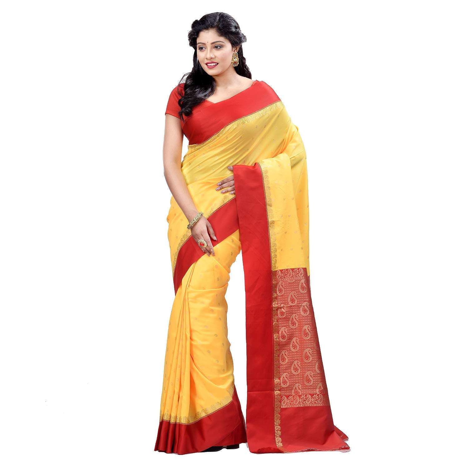 Desh Bidesh Women S Bengal Premium Fine Smooth Original Garad Silk Tant Saree Handmade Exclusive Flower With Kalka With Whole Body Design With Blouse - Yellow And Red - Distacart