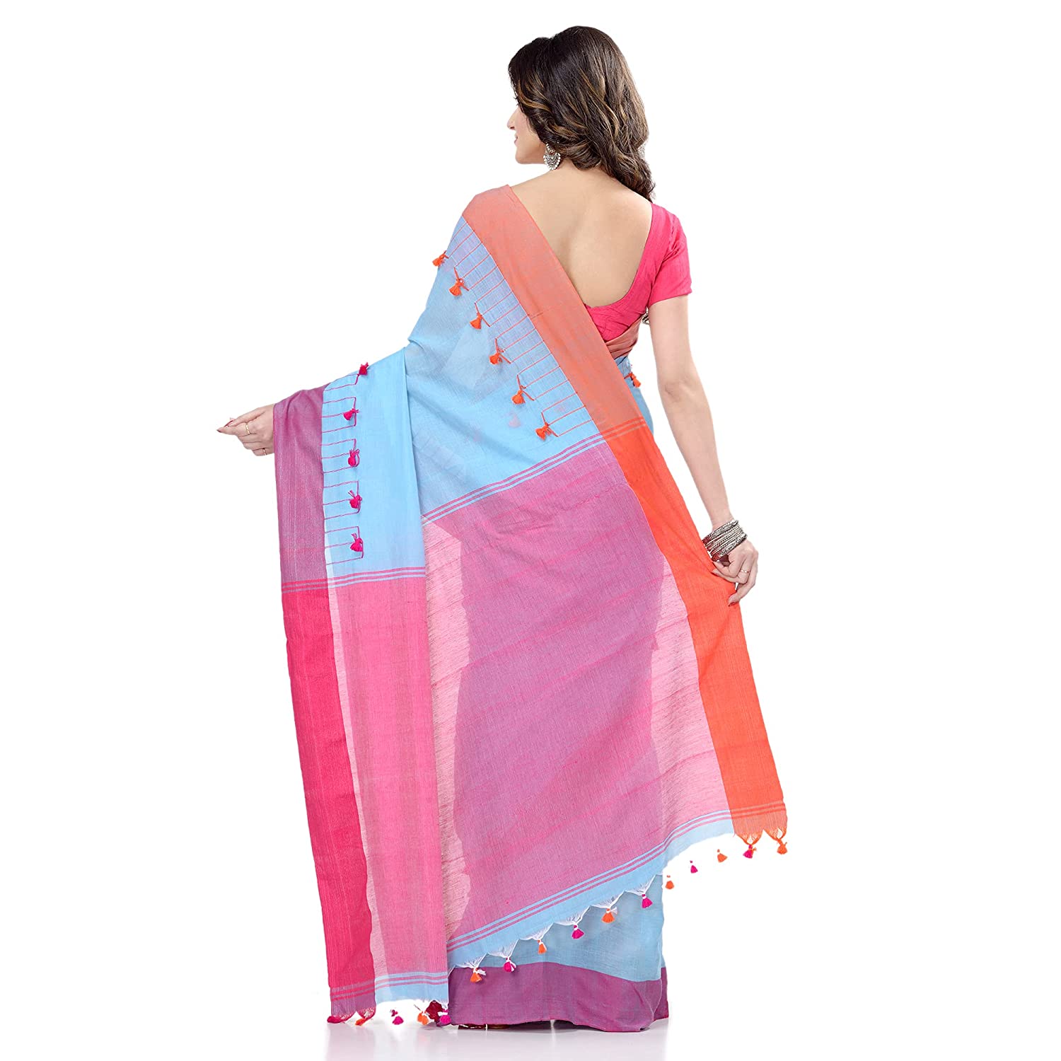 Desh Bidesh Women's Traditional Bengal Handloom Tant Pure Cotton Saree Pompom Desigined With Blouse Piece (White Pink Orange) - Distacart
