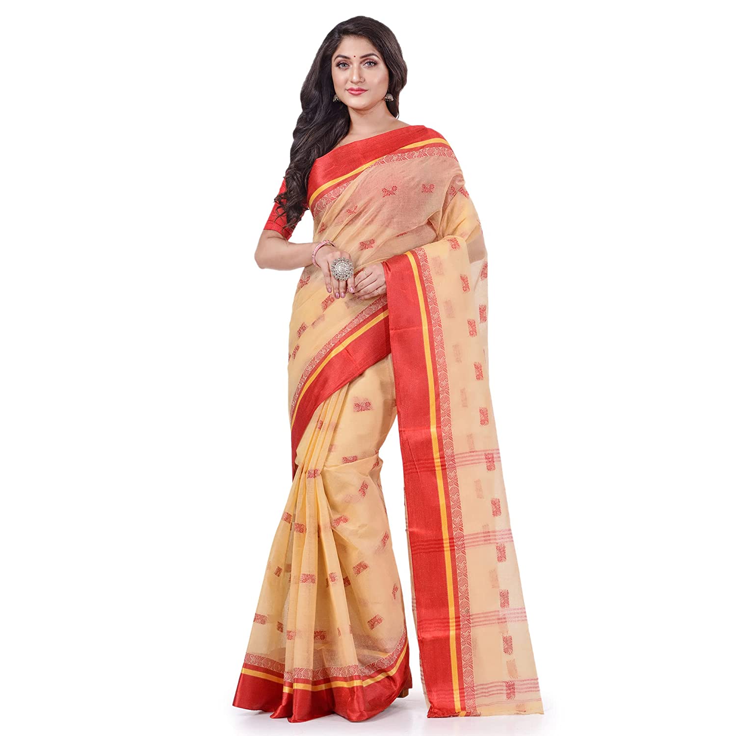 Desh Bidesh Women's Traditional Pure Handloom Cotton Saree Navarupa Velvet Par Design Without Blouse Piece - Distacart