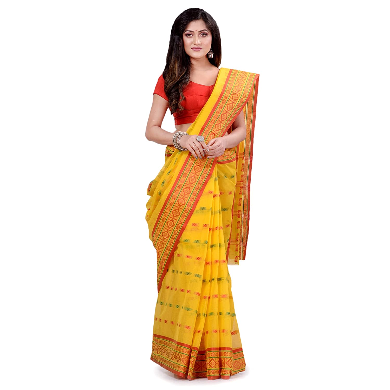 Desh Bidesh Women's Traditional Bengal Tant Woven Lalpaarsadasari Design Pure Handloom Cotton Saree Without Blouse Piece - Distacart