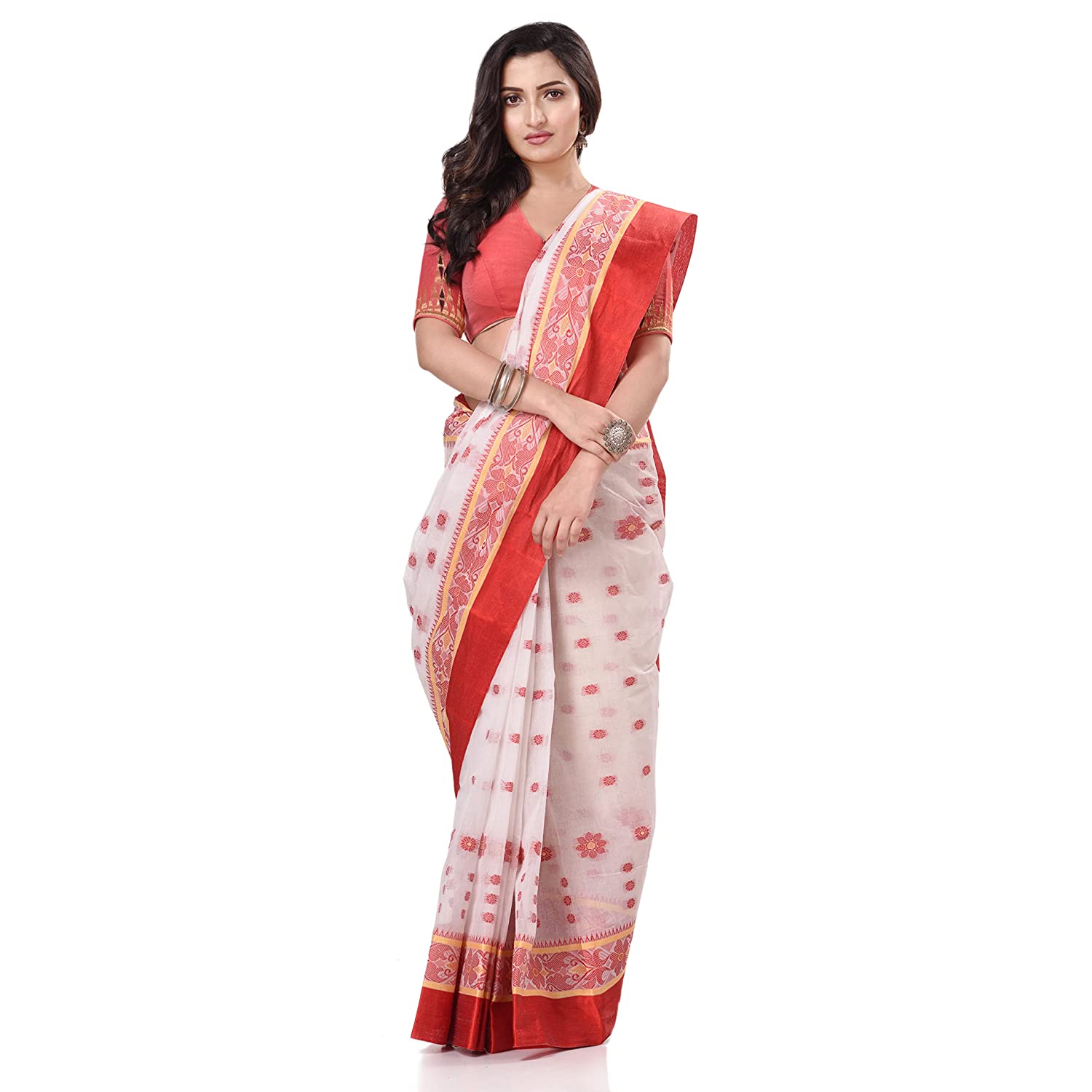 Desh Bidesh Women's Traditional Bengal Phulkoli Woven Design Pure Handloom Cotton Saree Without Blouse Piece - Distacart