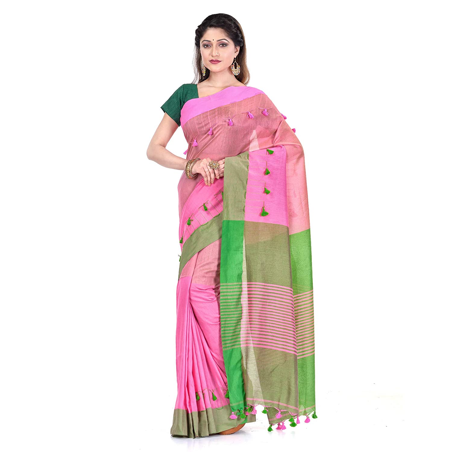 Desh Bidesh Women's Traditional Bengal Handloom Tant Pure Cotton Saree Pompom Designed With Blouse Piece - Distacart