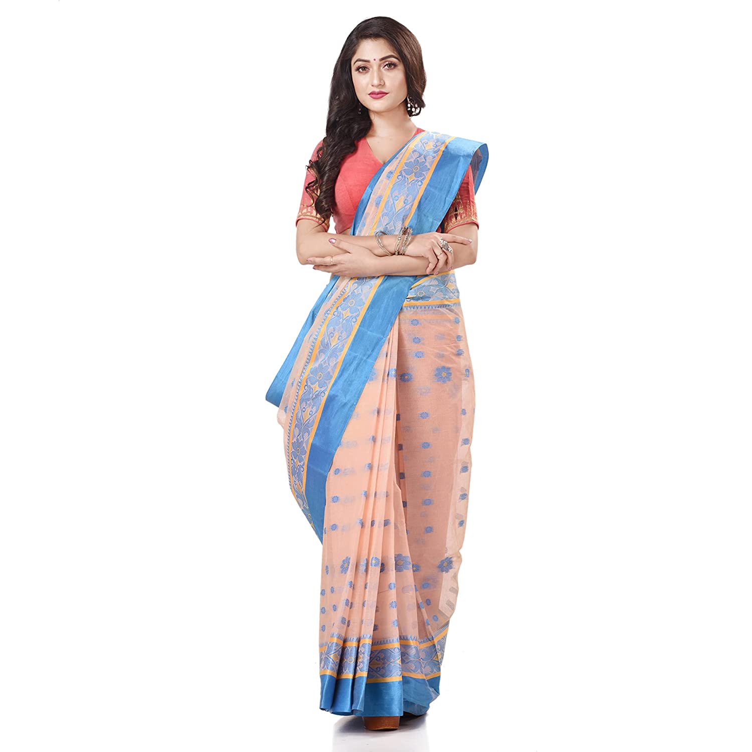 Desh Bidesh Women's Traditional Bengal Phulkoli Woven Design Pure Handloom Cotton Saree Without Blouse Piece - Distacart
