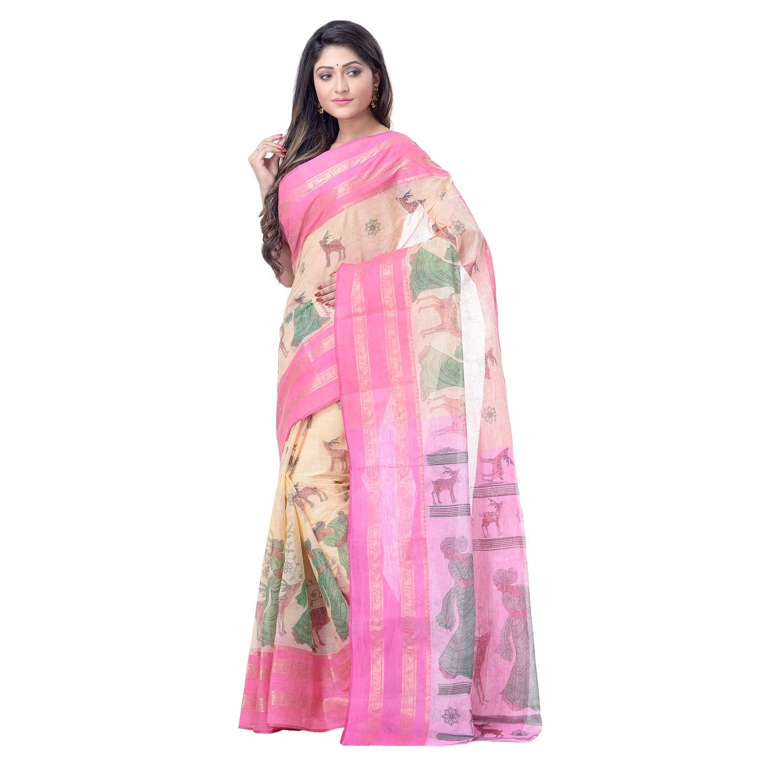 Desh Bidesh Women's Pure Cotton Handloom Bengal Tant Saree With Sakuntala Printed Zori Design Without Blouse Pcs - Distacart