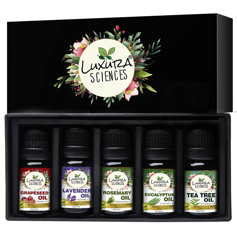 Luxura Sciences Organic Essential Oils for Anti Acne - Tea Tree Oil, Lavender Oil, Eucalyptus Oil, Grapeseed Oil, Rosemary Oil - Distacart