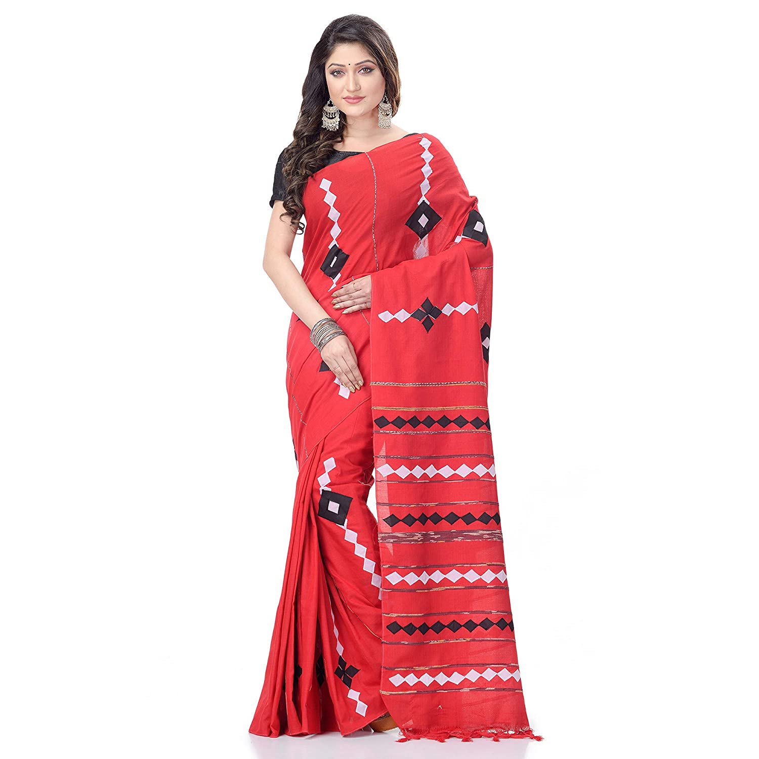 Desh Bidesh Women's Bengali Khesh Pure Cotton Handloom Saree Diamond Designed With Blouse Piece - Distacart