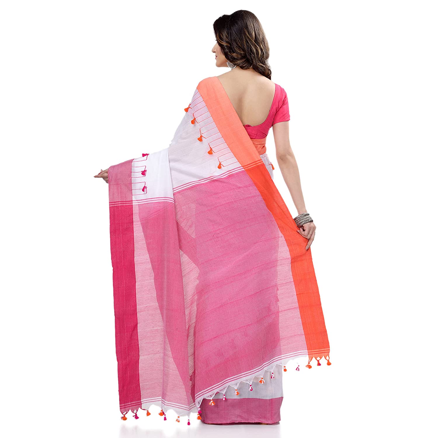 Desh Bidesh Women's Traditional Bengal Handloom Tant Pure Cotton Saree Pompom Desigined With Blouse Piece (White Pink Orange) - Distacart