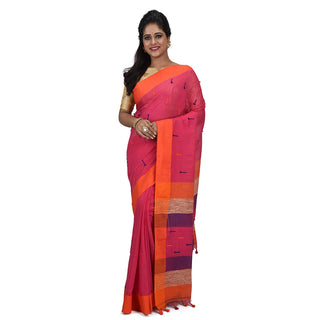 Desh Bidesh Women's Traditional Bengali Tant Handloom Cotton Saree With Blouse Piece (Pink Orange) - Distacart