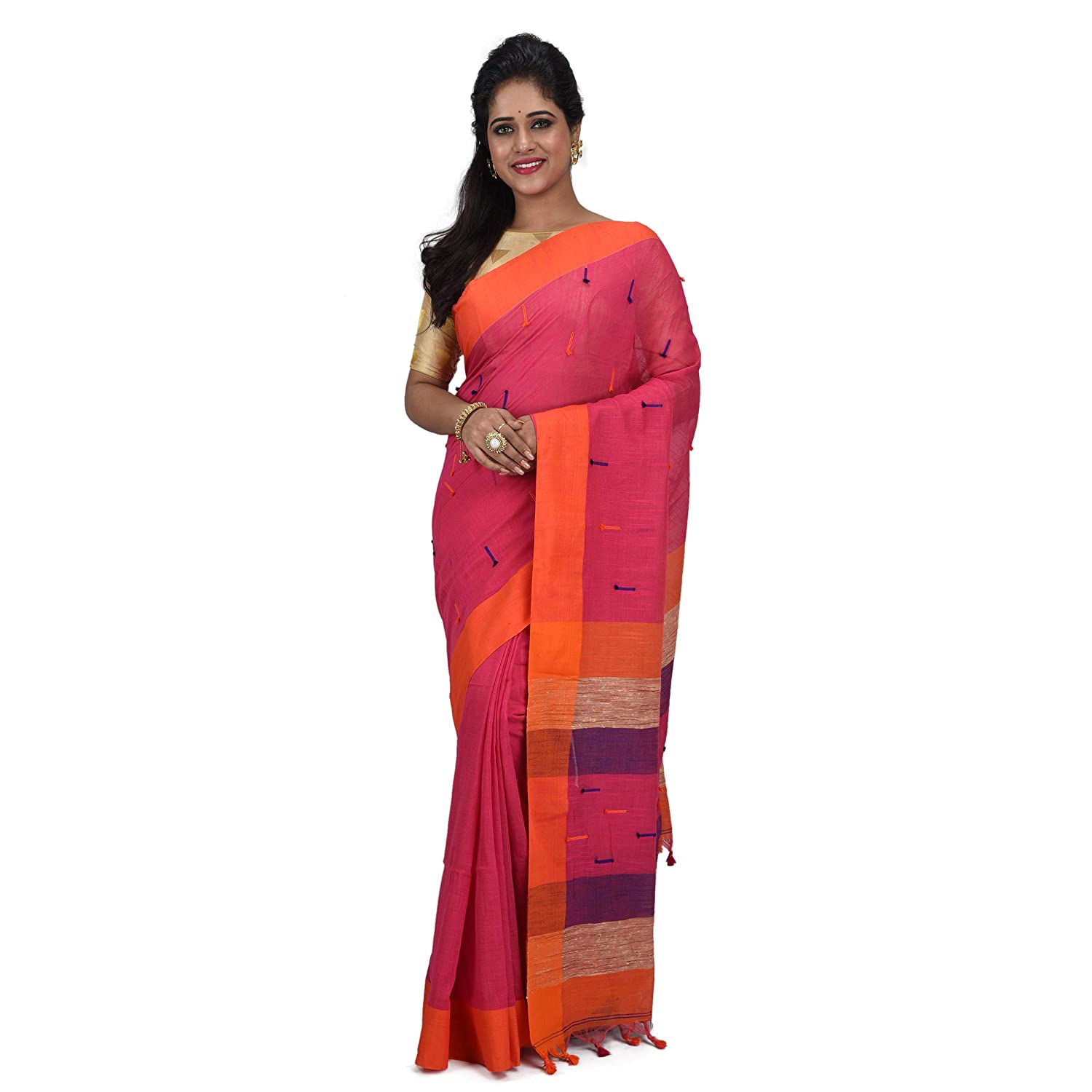 Desh Bidesh Women's Traditional Bengali Tant Handloom Cotton Saree With Blouse Piece (Pink Orange) - Distacart