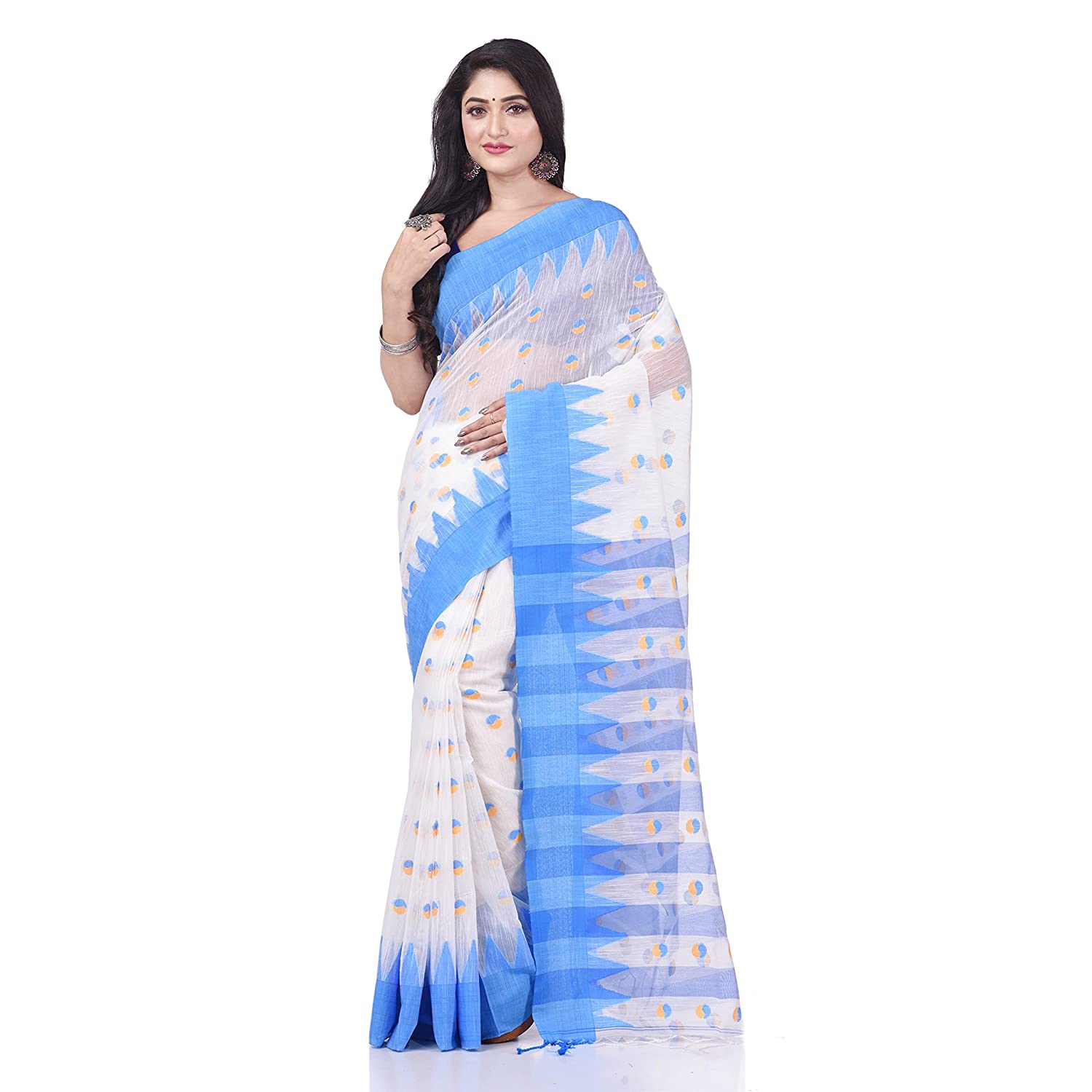 Desh Bidesh Women's Traditional Bengali Handloom Tant Pure Cotton Saree Khadi Bicolor Ball Temple Par Designed With Blouse Piece - Distacart