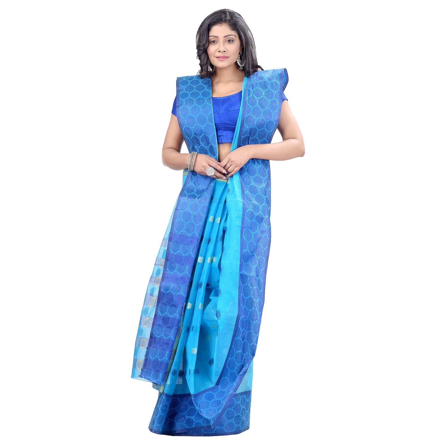 Desh Bidesh Women's Pure Cotton Traditional Handloom Ganga Jamuna Zori Design Bengal Tant Saree Without Blouse Pcs (Blue) - Distacart