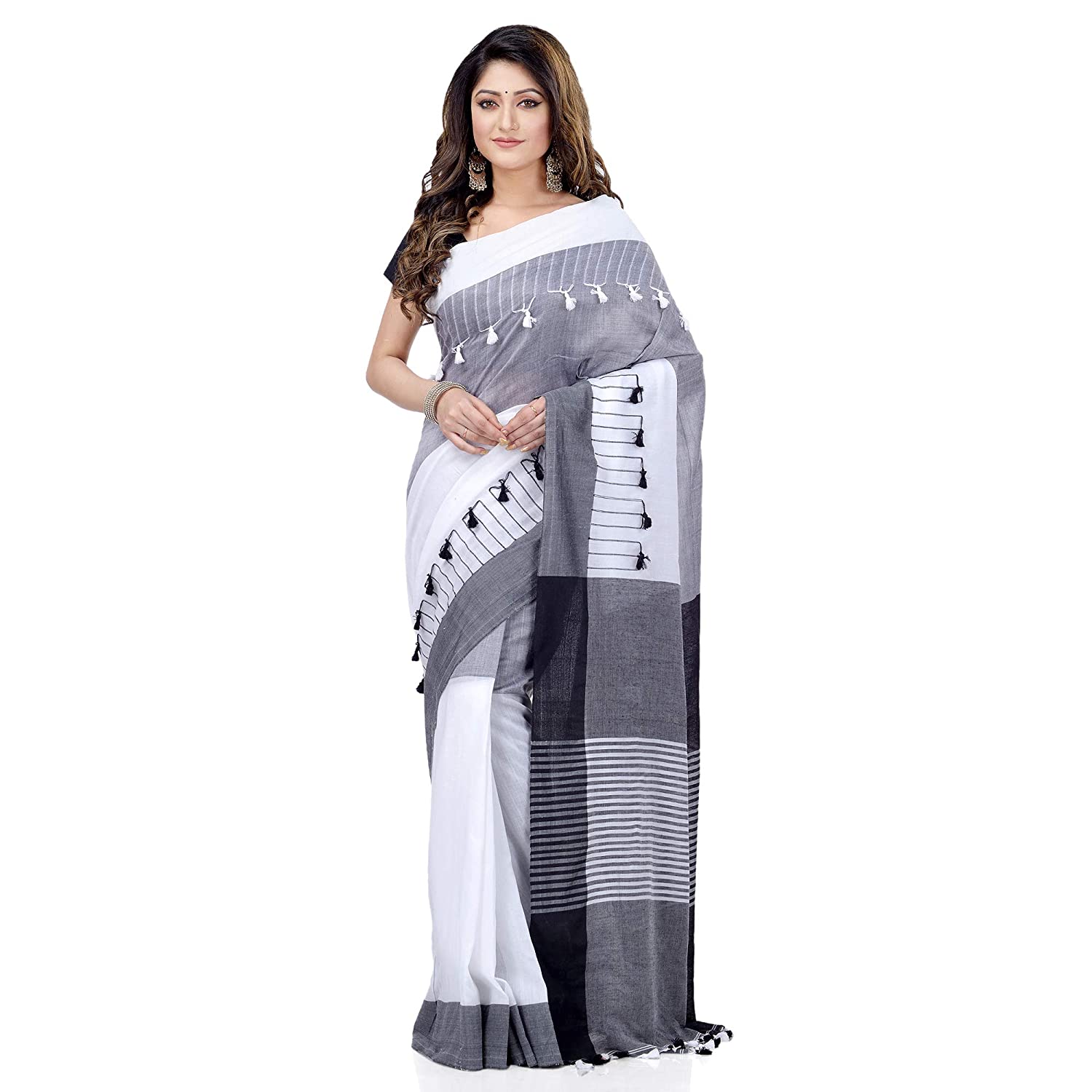 Desh Bidesh Women's Traditional Bengal Handloom Tant Pure Cotton Saree Pompom Desigined With Blouse Piece (White Pink Orange) - Distacart