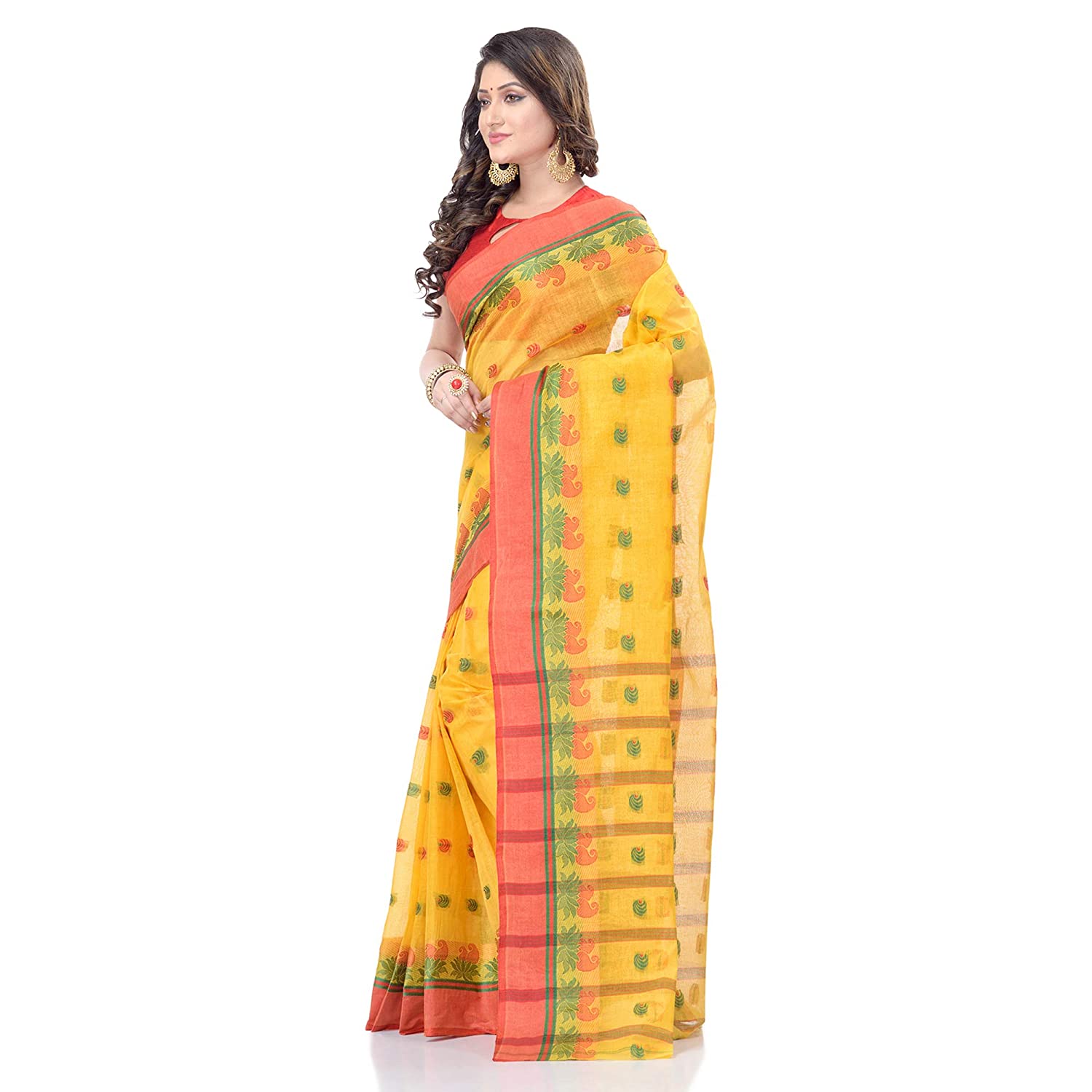 Desh Bidesh Women's Traditional Bengal Tant Woven Lotus Kolka Design Pure Cotton Handloom Saree Without Blouse Piece - Distacart