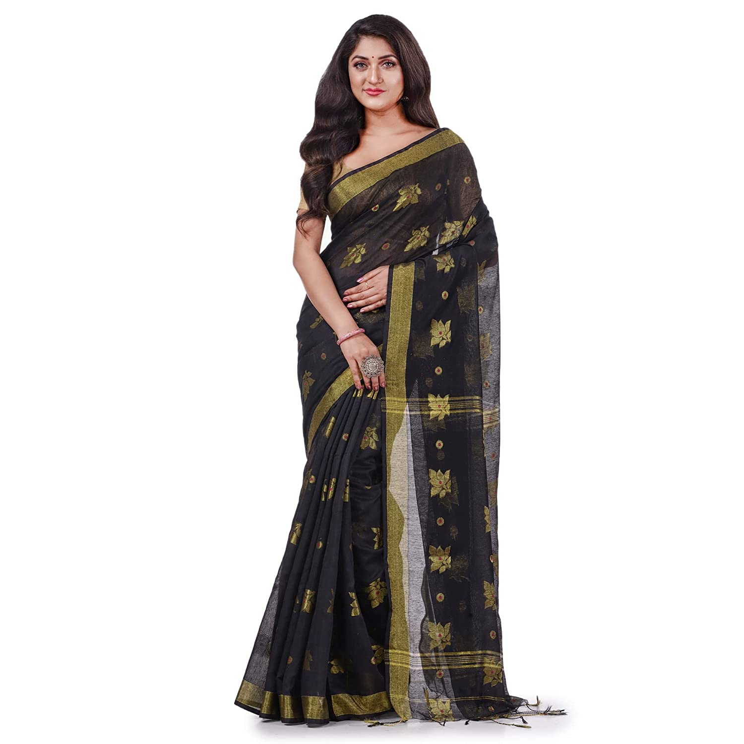 Desh Bidesh Women's Tant Silk Handloom Cotton Saree Rose Work With Blouse Piece - Distacart