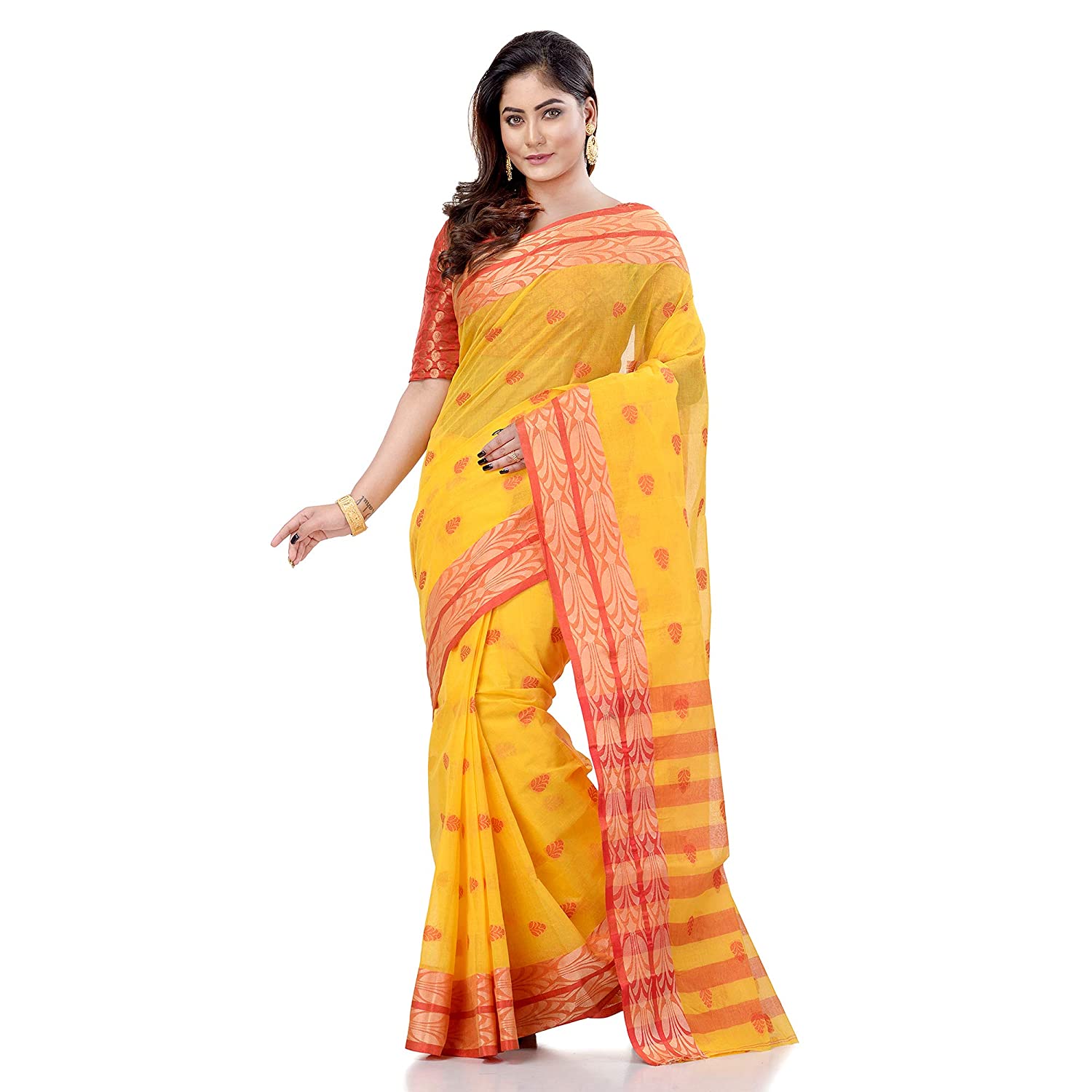 Desh Bidesh Bengal Cotton Women's Bengal Tant Woven Potrobinnas Design Pure Handloom Cotton Saree Without Blouse Piece - Distacart