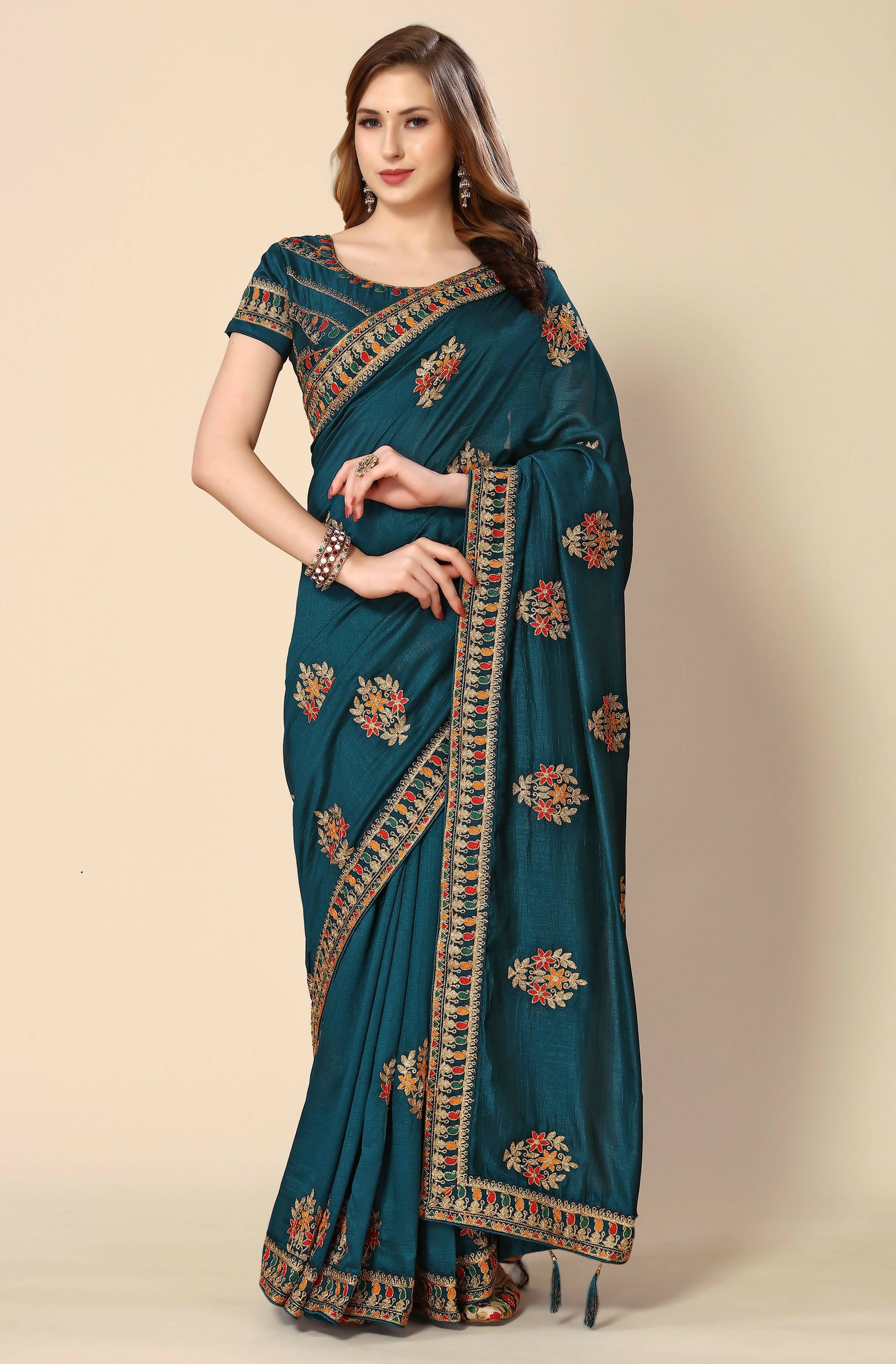Teal Chinon Embroidered Saree with Unstitched Blouse Piece - Roozal - Distacart