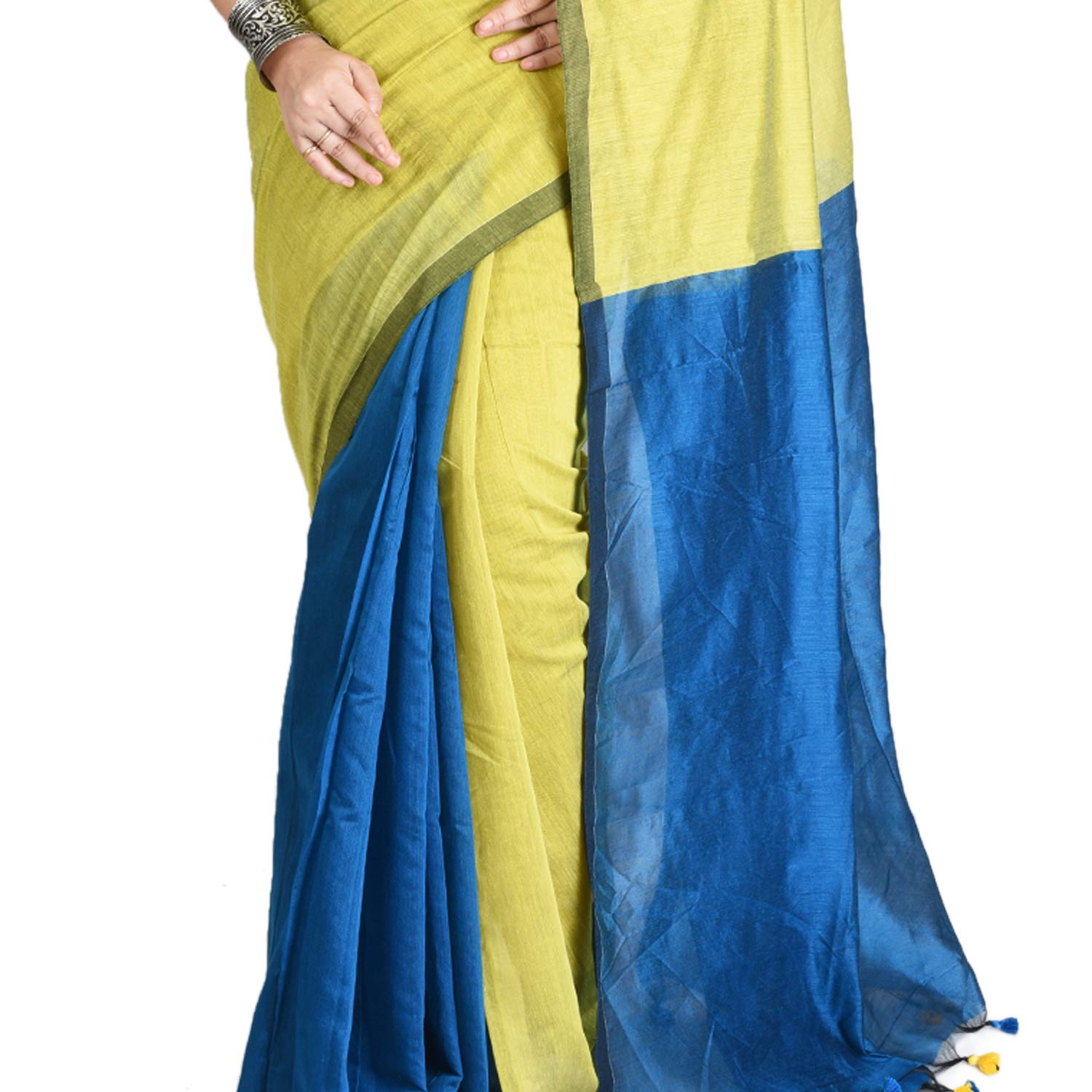 Desh Bidesh Bengal Cotton Tant Women's Bengal Half Half Ghicha Handloom Cotton Silk Saree With Blouse Piece (Olive Light Blue ) - Distacart