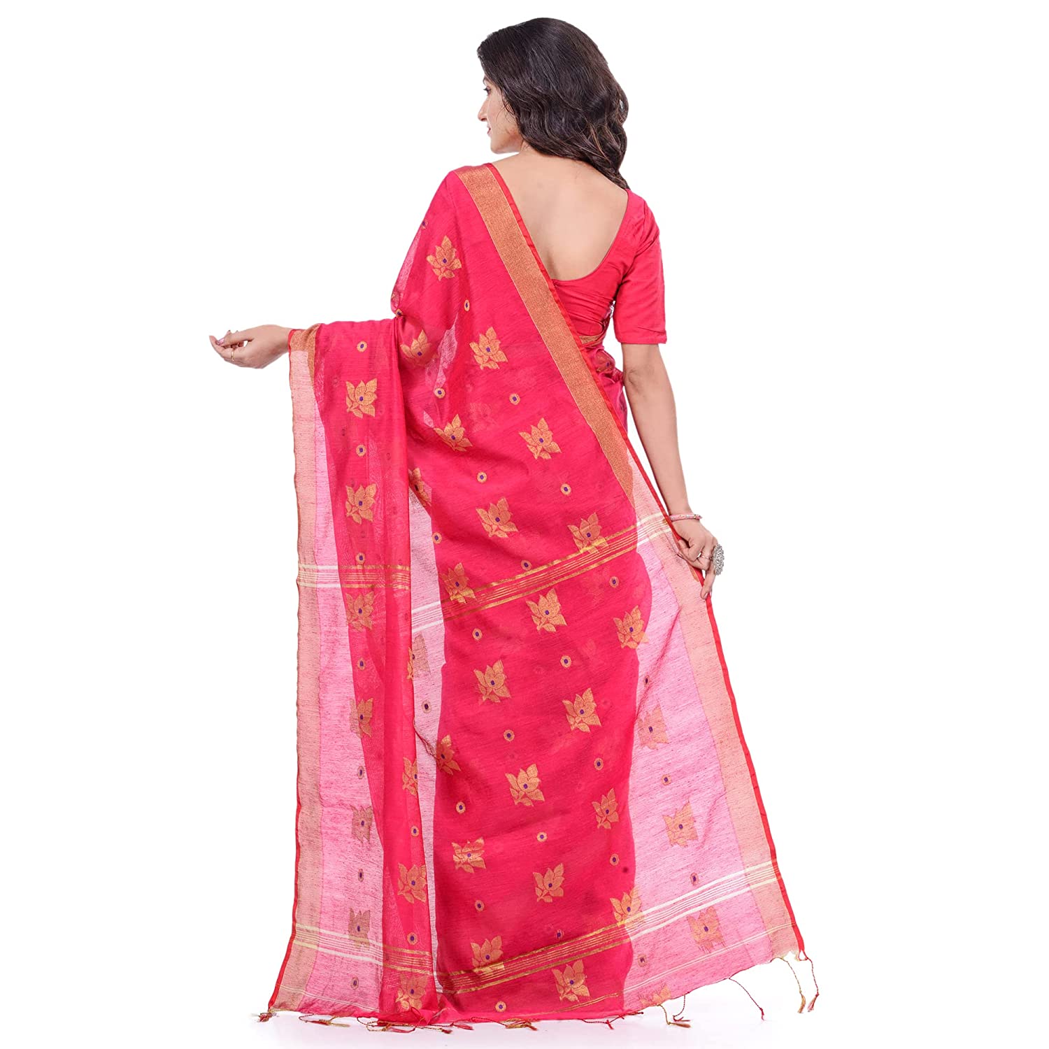 Desh Bidesh Women's Tant Silk Handloom Cotton Saree Rose Work With Blouse Piece - Distacart