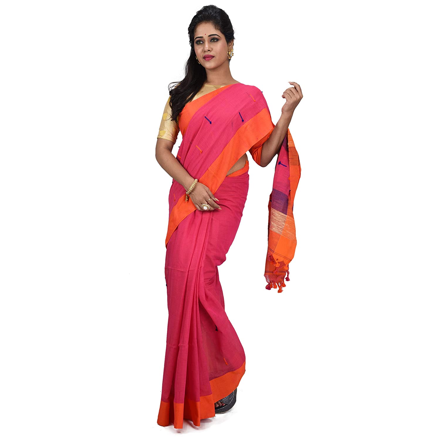 Desh Bidesh Women's Traditional Bengali Tant Handloom Cotton Saree With Blouse Piece (Pink Orange) - Distacart
